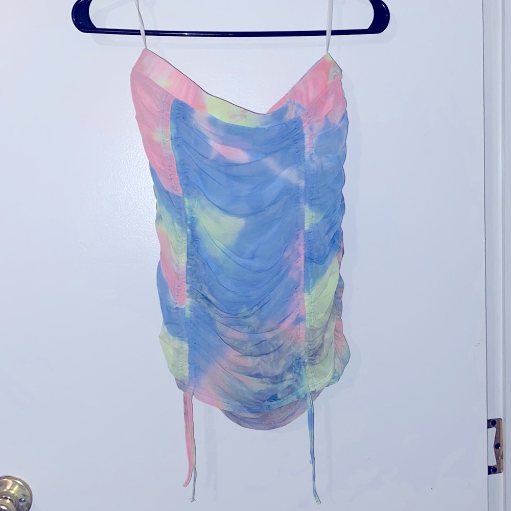 Shein Drawstring Knot Hem Tye Dye Ruched Mesh Skirt (M)